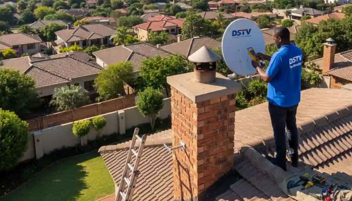 Professional satellite dish installation at Centurion home with DStv technician