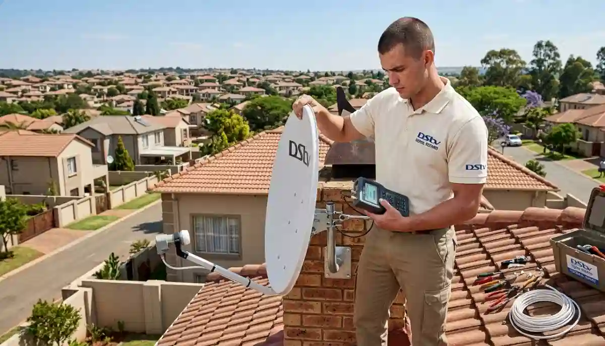 DStv Error E48-32 displayed on TV screen during repair in Centurion