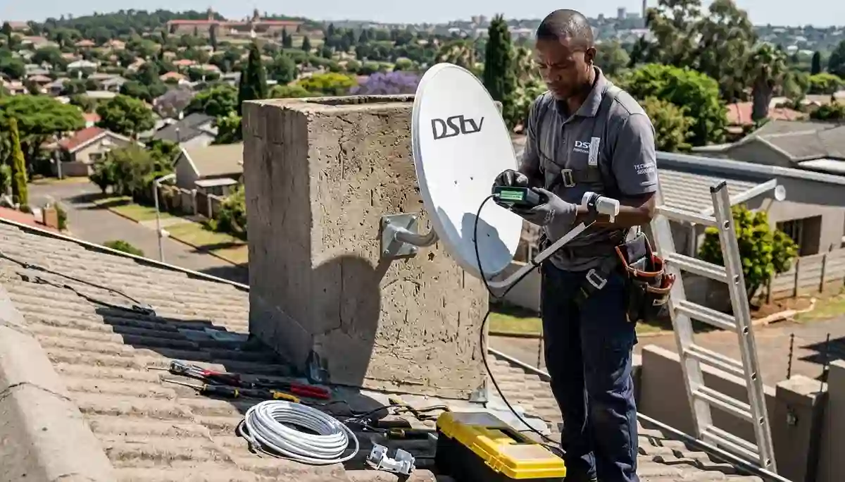 DStv technician diagnosing E48-32 error with professional equipment in Centurion