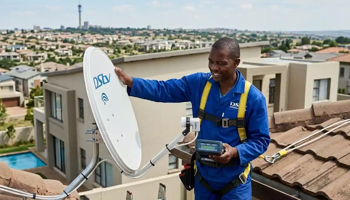 DStv technician aligning satellite dish in Centurion