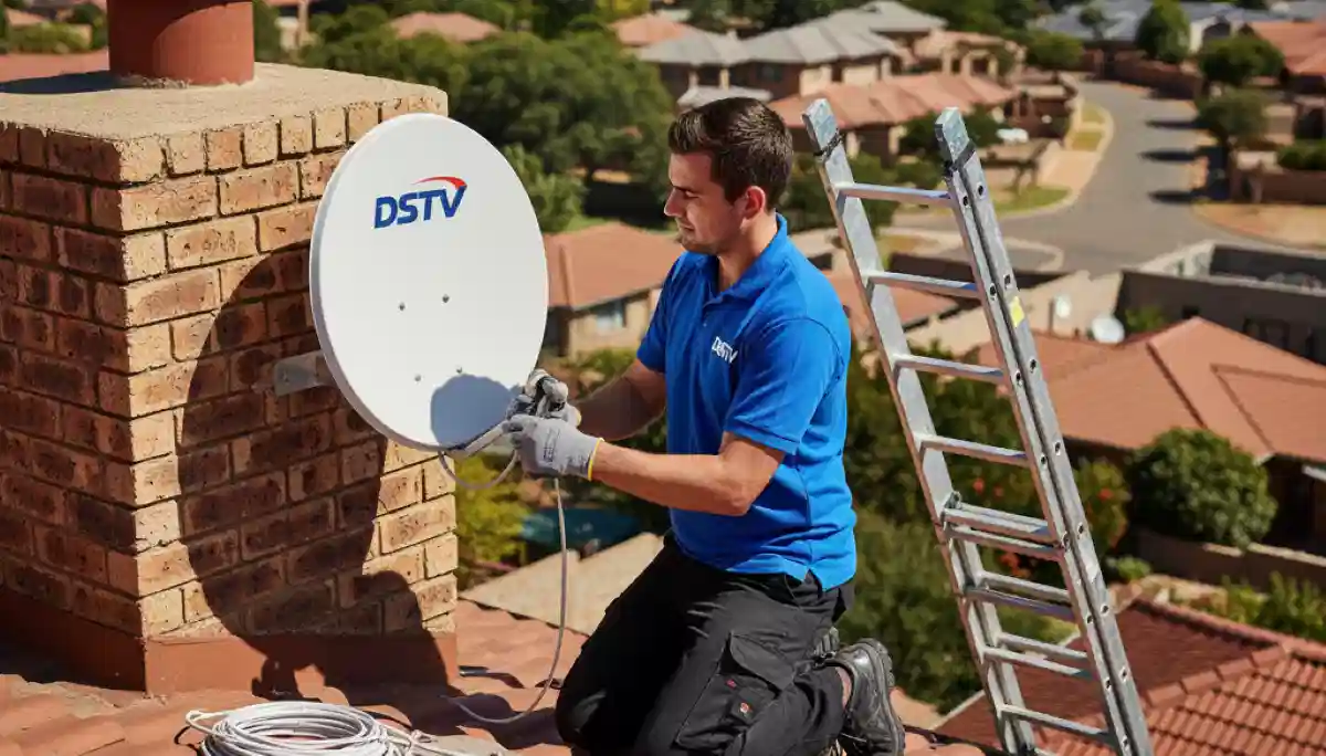 DStv technician working on roof installation in Centurion suburb