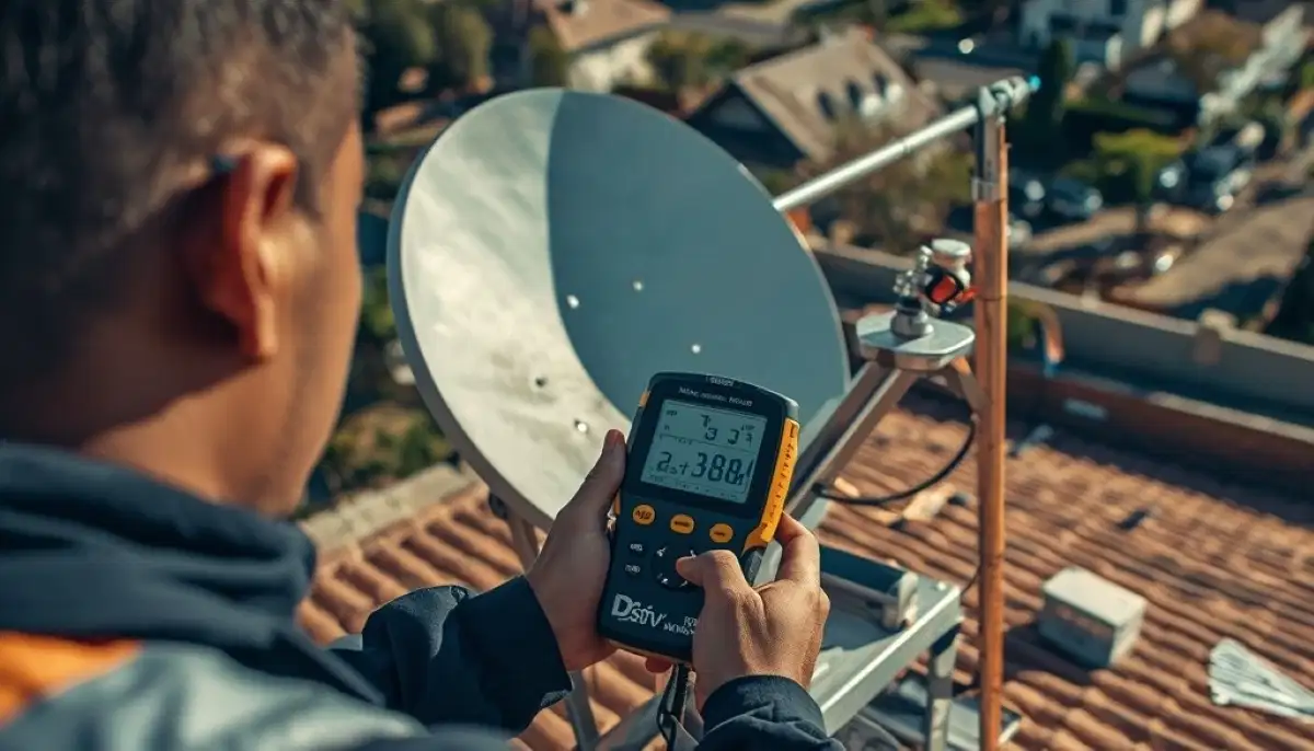 Technician calibrating satellite dish with professional meter by DSTV Installers Centurion