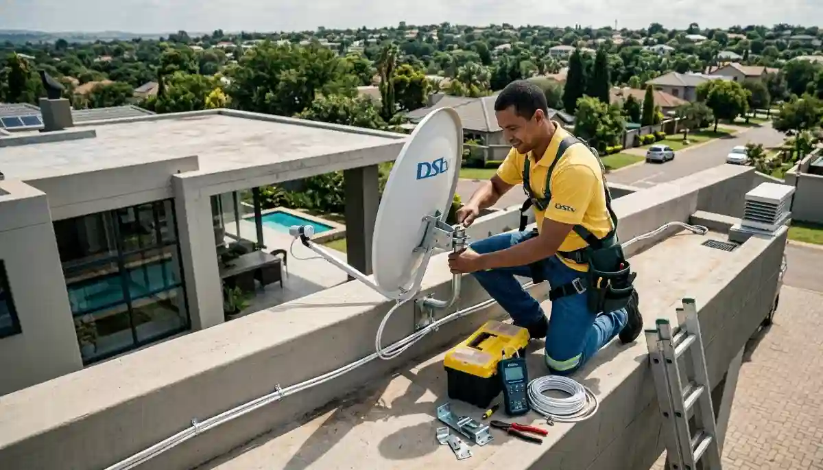 DStv technician installing satellite dish on roof in Centurion