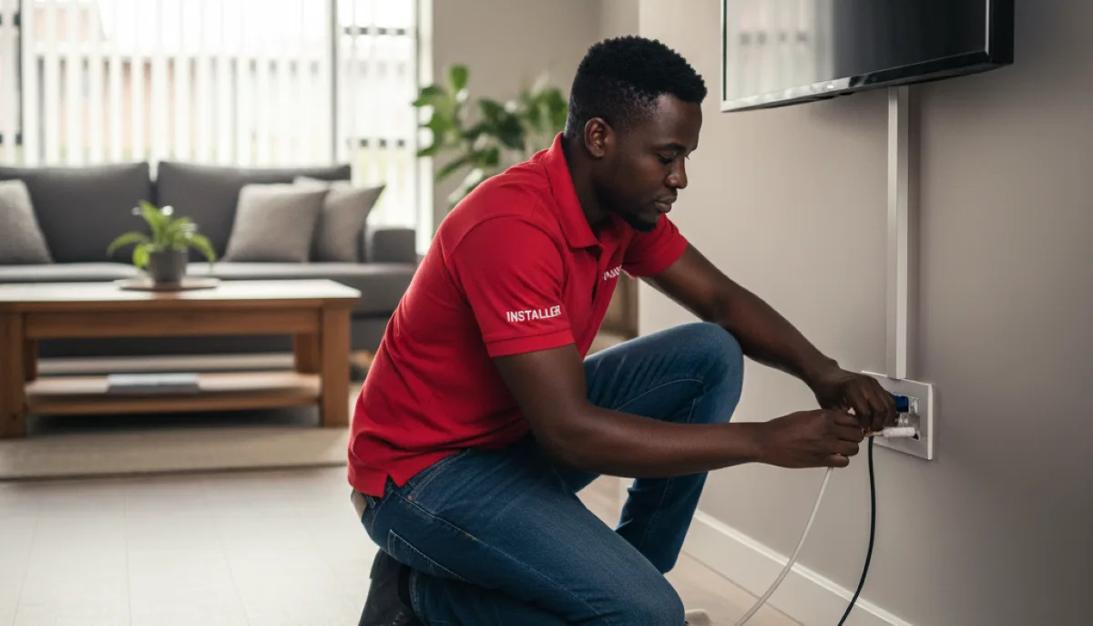 Technician installing TV point for DStv Explora Ultra in Centurion home